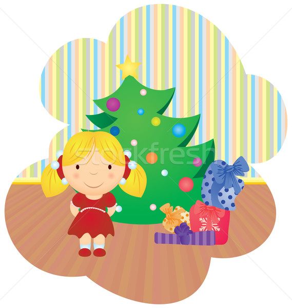 ストックフォト: ベクトル · 漫画 · 少女 · クリスマスツリー · 贈り物 · ツリー