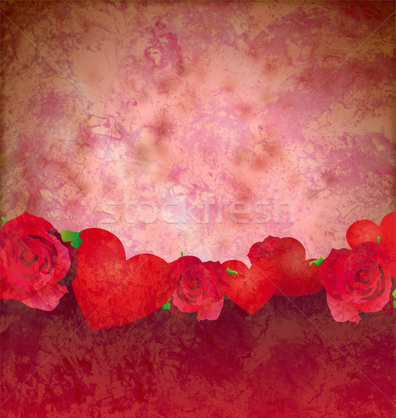 Stok fotoğraf: Grunge · kırmızı · kalpler · güller · sınır · çiçek