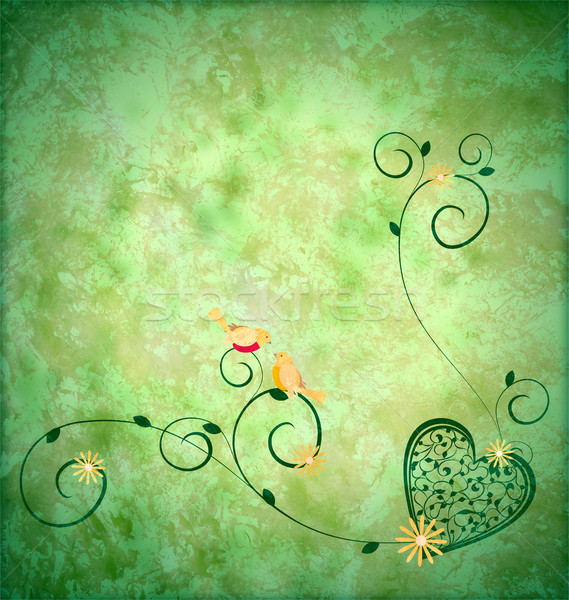 little yellow birds in love sitting on the decor florals green g Stock photo © cherju