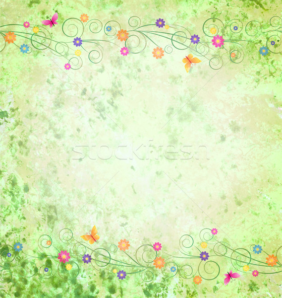 Stock photo: green textured background with flowers border