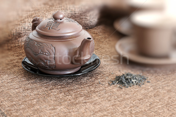 tea pot, cups  and green tea Stock photo © cherju