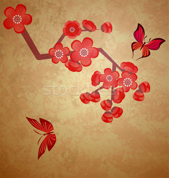 blossoming tree illustration on grunge old paper background Stock photo © cherju