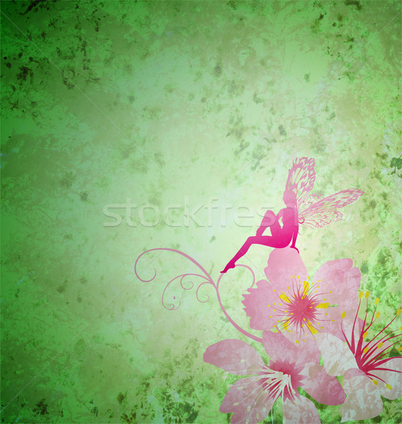 Stock photo: pink little flower fairy on the green spring or summer grunge ba