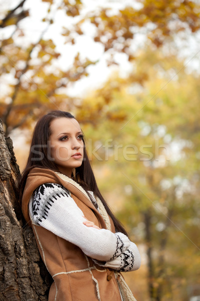 [[stock_photo]]: Brunette · femme · posant · arbre · parc · espace · de · copie