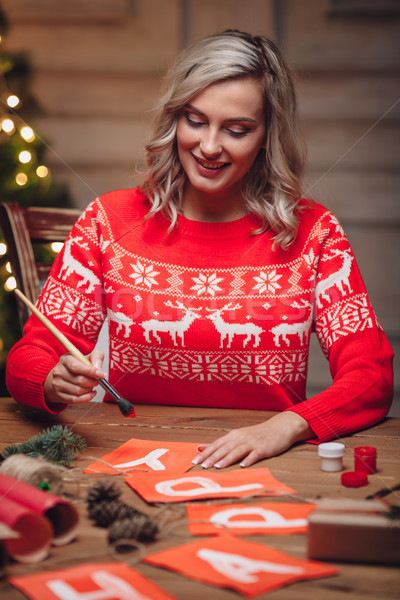Frau Malerei Weihnachten Fahnen Pinsel rustikal Stock foto © chesterf