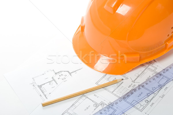 orange helmet, pencil, ruler and blueprint Stock photo © chesterf