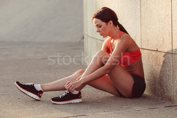 Foto d'archivio: Donna · pronto · jogging · bruna · scarpe · da · corsa · corpo