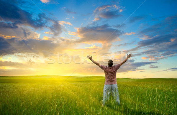 Homem em pé campo olhando céu mãos Foto stock © chesterf
