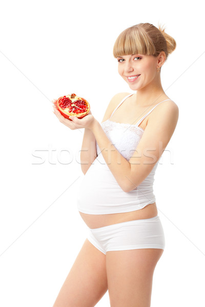 Stockfoto: Zwangere · vrouw · granaatappel · Rood · witte · familie · meisje