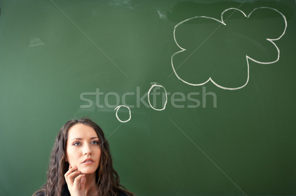 Foto stock: Mulher · lousa · nuvem · engraçado · quadro · escolas