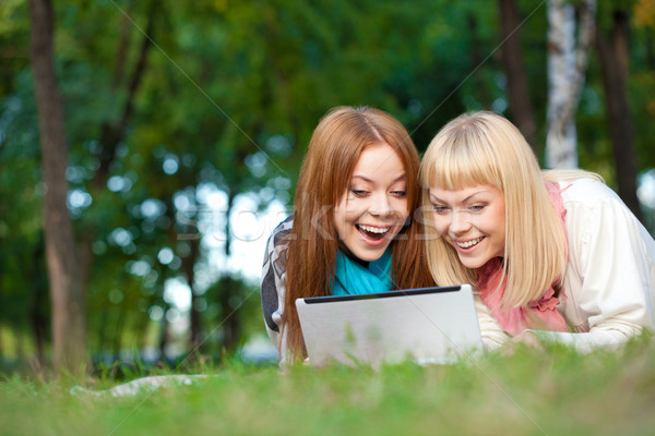 two laughing sisters with laptop in the park Stock photo © chesterf