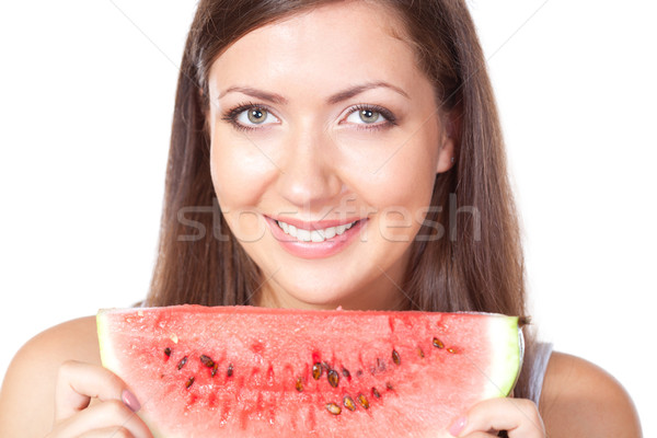 Brünette Frau halten Wassermelone glücklich Scheibe Stock foto © chesterf