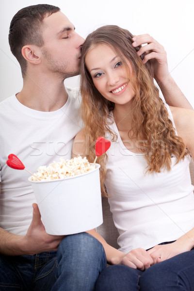 Sitzung Popcorn glücklich lächelnd Stock foto © chesterf