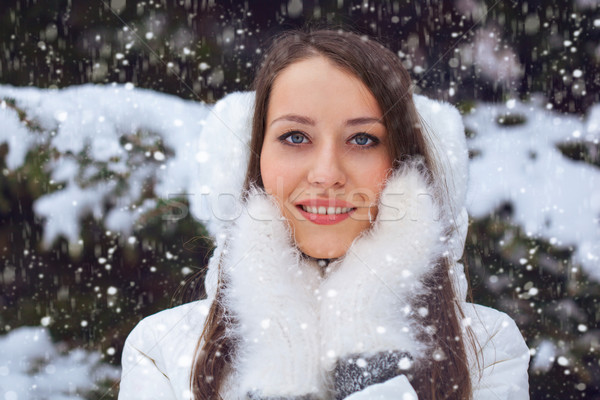 Stock foto: Schönen · Brünette · Frau · stehen · Schneefall · Hand · in · Hand