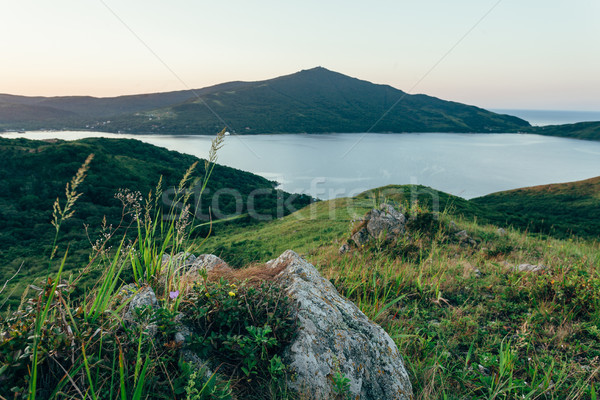 eraly sunrise over hills and sea bay Stock photo © chesterf