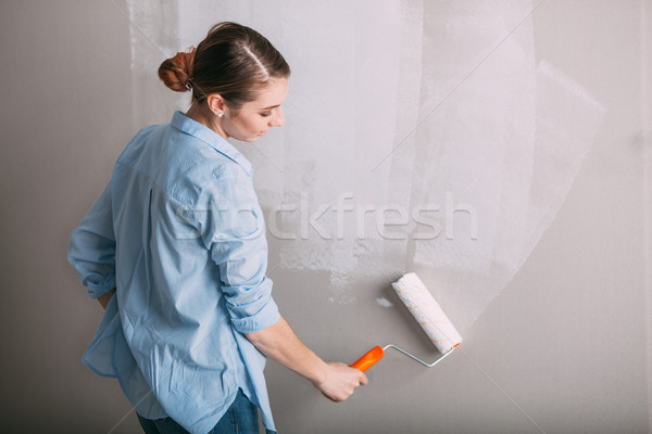 Stock foto: Schönen · Wand · Malerei · drinnen · Frau