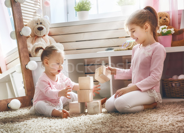 Stock foto: Kinder · spielen · Blöcke · zwei · cute · wenig