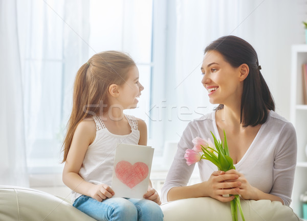 Stock fotó: Lánygyermek · anya · boldog · anyák · napját · gyermek · virágok · tulipánok