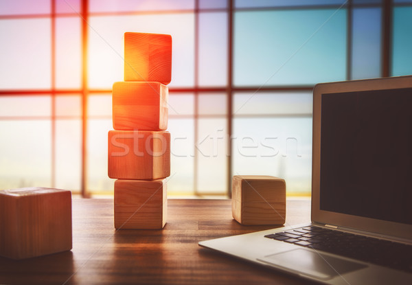 Stock photo: Wooden cubes and computer