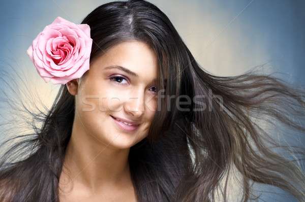 Stockfoto: Schoonheid · portret · meisje · Blauw · glimlach · gezicht