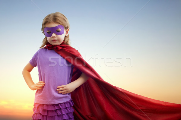 Süper kahraman küçük kız kız mutlu gün batımı çocuk Stok fotoğraf © choreograph