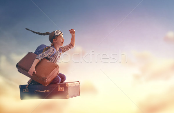 Stockfoto: Dromen · reizen · kind · vliegen · koffer · achtergrond