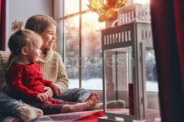 Crianças desfrutar queda de neve alegre natal feliz Foto stock © choreograph
