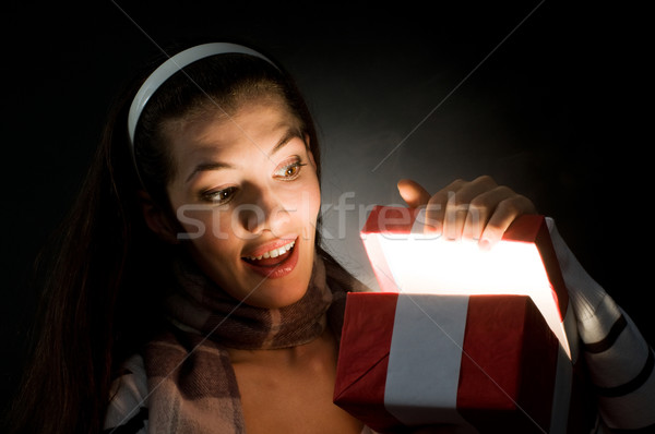 Mágikus ajándék lány nyitás nők fekete Stock fotó © choreograph