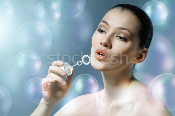 Bolle di sapone bellezza faccia divertimento Foto d'archivio © choreograph