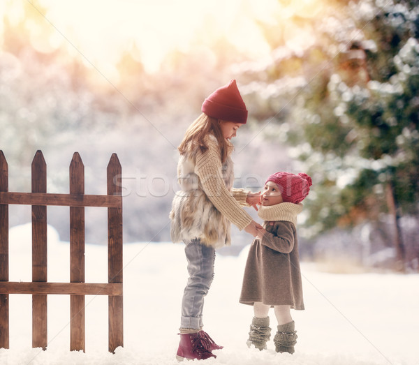 Stock fotó: Lányok · játszik · tél · séta · kettő · aranyos