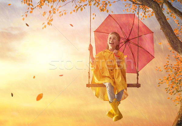 Gyermek piros esernyő boldog vicces ősz Stock fotó © choreograph