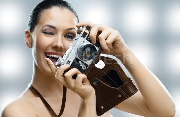 Paparazzi lány fotós vár lövés nők Stock fotó © choreograph