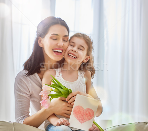 Stock foto: Tochter · mom · Kind · Blumen · Tulpen