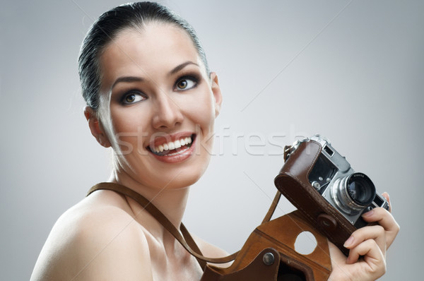 Paparazzi lány fotós vár lövés nők Stock fotó © choreograph