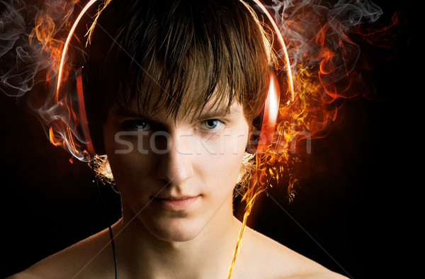 Stock foto: Mann · Kopfhörer · schwarz · Musik · Technologie · Kunst