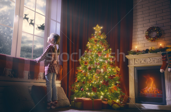 Ragazza guardando finestra allegro Natale felice Foto d'archivio © choreograph