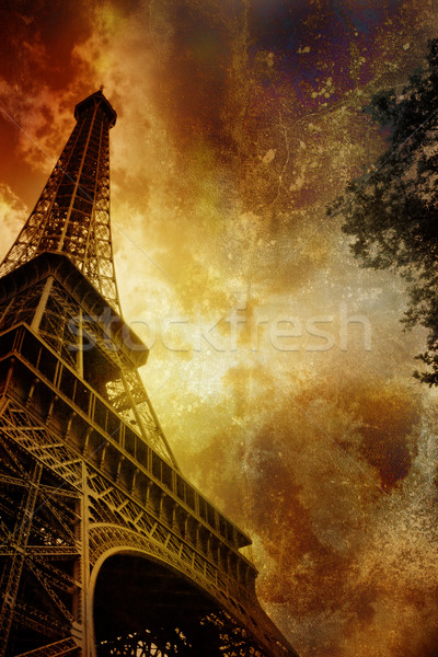 Stockfoto: Grunge · Eiffeltoren · Parijs · hemel · licht · oranje
