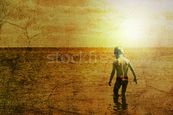 Stockfoto: Kind · lopen · zee · strand · hemel · zon