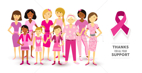 Cancerul de san constientizare roz femei fericit panglică Imagine de stoc © cienpies