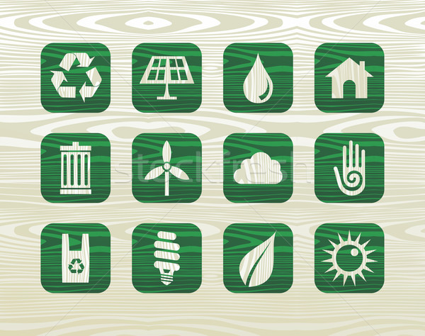 Environmental green icons in organic wood Stock photo © cienpies