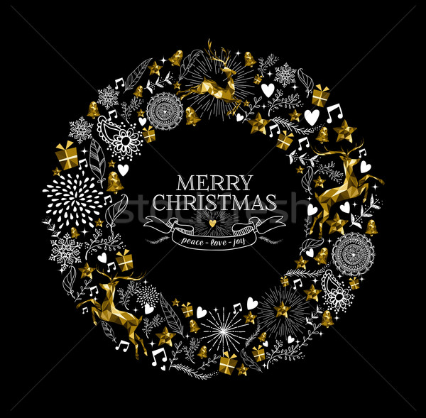 Merry christmas label wreath gold deer low poly Stock photo © cienpies