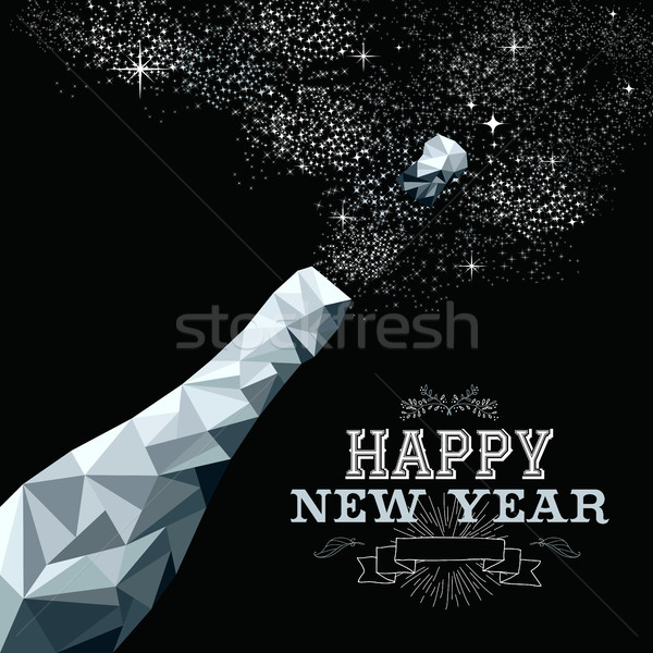 Happy new year champagne bottle low poly silver Stock photo © cienpies