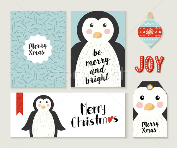 Stockfoto: Vrolijk · christmas · pinguin · kaart · label · ingesteld