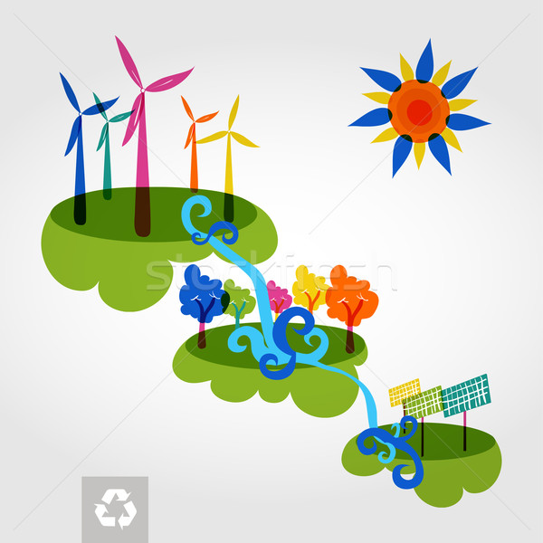 Go green city wind mills, trees, solar panels and curly waterfal Stock photo © cienpies