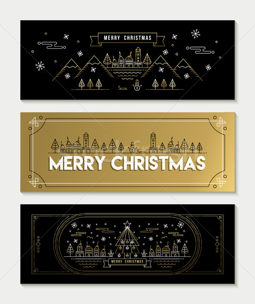 Gold Line Art Christmas Banner Template Set Vector Illustration