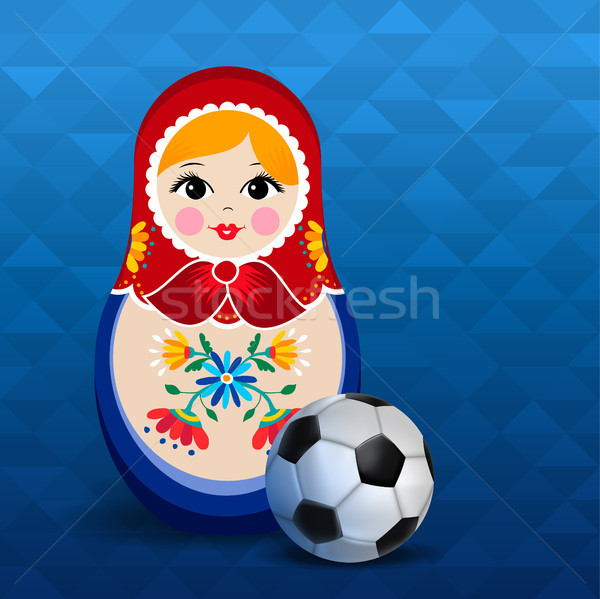 Russian sport event poster of doll and soccer ball Stock photo © cienpies