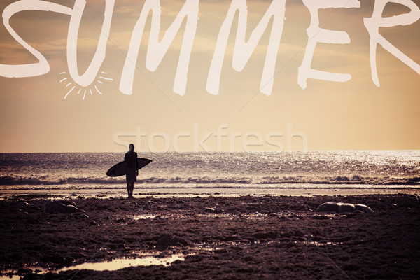 Summer surf man silhouette on beach sea coast Stock photo © cienpies