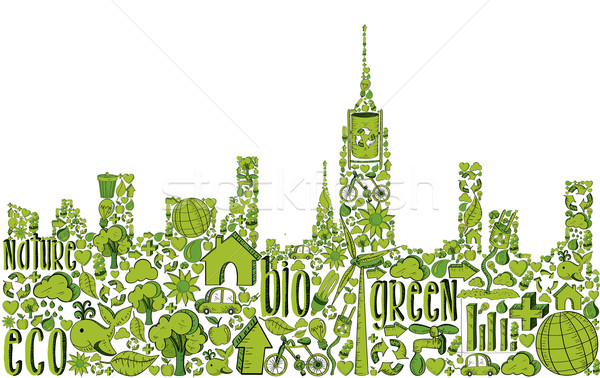 Stock photo: Green city silhouette with environmental icons