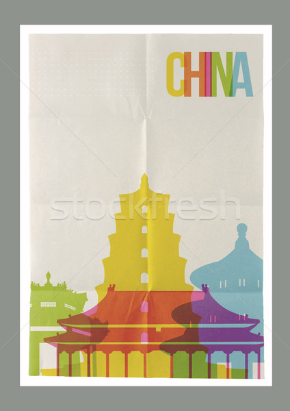 Reizen China skyline vintage poster beroemd Stockfoto © cienpies