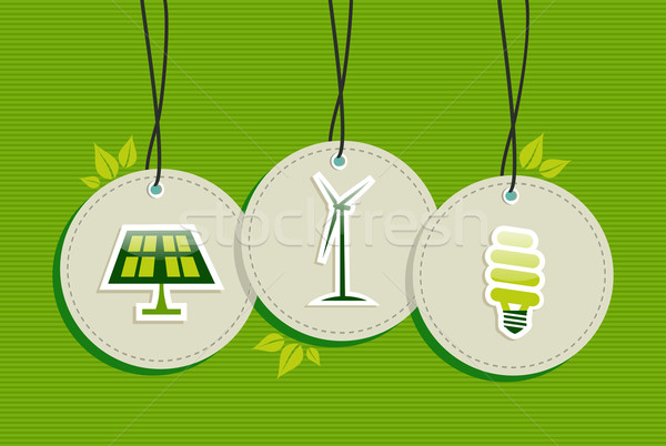 Stock photo: Hanging green energy icons set badges